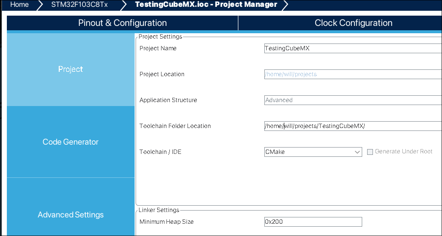 STM32CubeMX CMake Project Settings